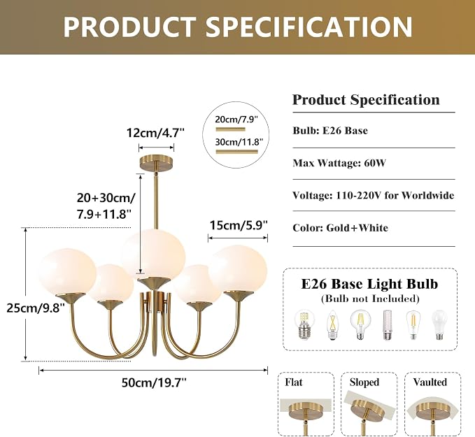 5 Light White Globe Chandelier Small Milk Glass Chandelier Gold Sputnik Ceiling Light Fixture MCM Dining Room Light Fixture Vintage Kitchen Pendant Lights - Image 2
