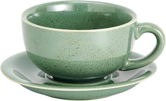 Coffeezone Vintage Design 12 oz Ceramic Latte Art Cappuccino Barista Cup with Saucer (Green) by Coffeezone