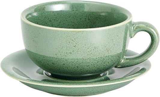 Coffeezone Vintage Design 12 oz Ceramic Latte Art Cappuccino Barista Cup with Saucer (Green) by Coffeezone
