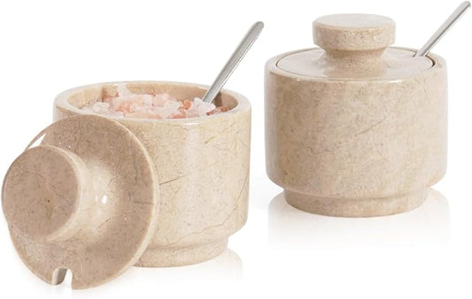 MARBLOUS KRAFTS Marble Salt Cellar 3" Inch Verona Stone Salt Container, Ideal Set of 2 Coffee Storage Container Kitchen Countertop, Candy Jars with Lids and Spoons, Spice Storage by MarblousKrafts