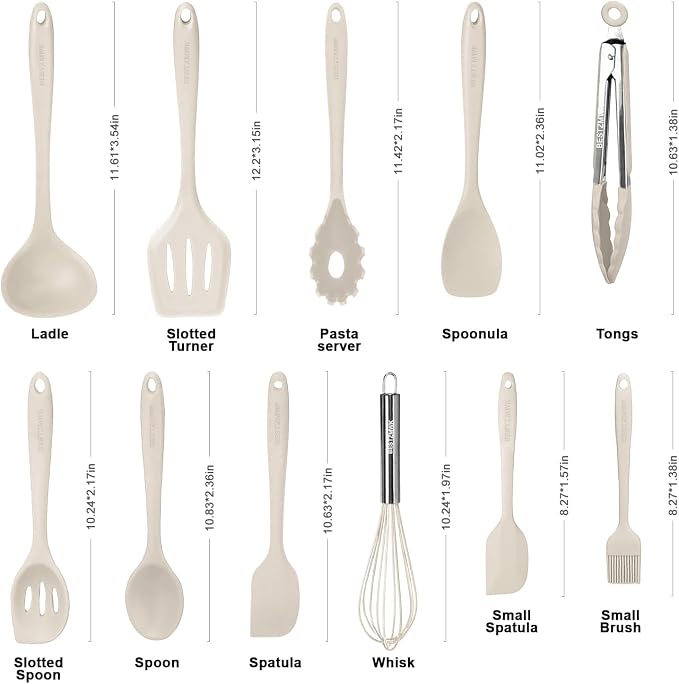 Kitchen Utensil Set - 11 Cooking Utensils - Colorful Silicone Kitchen Utensils - Nonstick Cookware with Spatula Set - Colored Best Kitchen Tools Kitchen Gadgets (Khaki) - Image 2