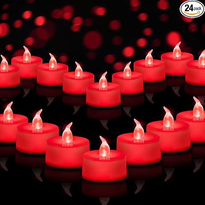 Tea Lights Battery Operated Candles LED Tea Lights Flameless Candles 200+ Hours Flickering Fake Tealights for Sweetest Day Wedding Home Decorations Party (Red Base, 24 Pack) by Candlium