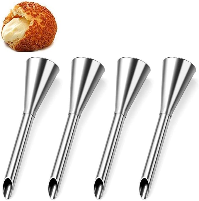 4 PCS buttercream frosting pipe nozzle skills, professional stainless steel long cream puff adornment small cakes muffin nozzle decoration pastry powder pipe tools (silver)
