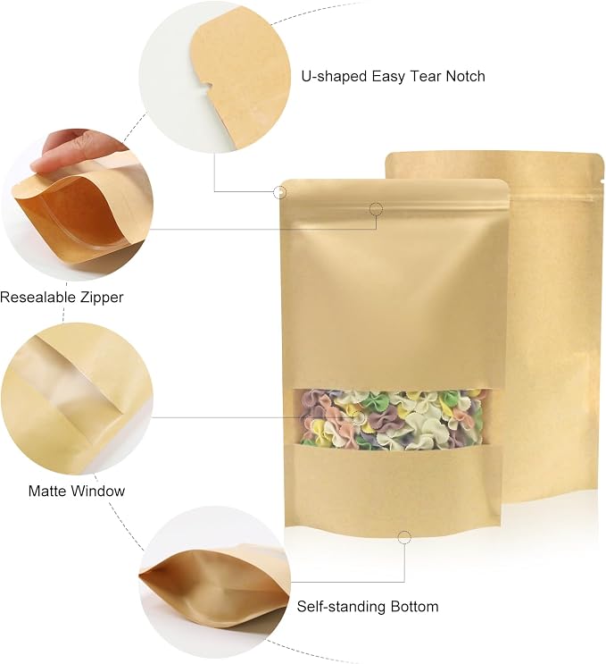 SumDirect Kraft Stand Up Pouches - 100Pcs Resealable Kraft Paper Stand Up Bags with Window, Zipper Disposable Food Storage Bags for Home or Business (100, 6x8.6inch) - Image 3