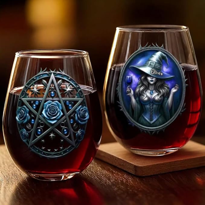 Personalized Witch Spooky Stemless Wine Glass, Custom Fantasy Magic Women Bar Glassware, Women Witch Lovers Wine Glass, Gothic Wiccan Pentagram Rose Drinking Glass, Witchy Lover Gift for Halloween - Image 4