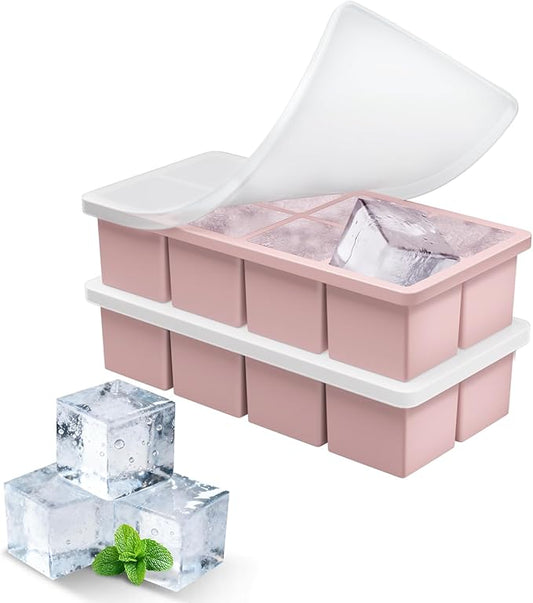 Large Ice Cube Molds, 2 Pack Easy Release Ice Trays for Freezer with Lid, Stackable Square Big Silicone Ice Cube Tray BPA Free Slow Melting for Bourbon Whiskey, Cocktails, Iced Coffee (Pink)