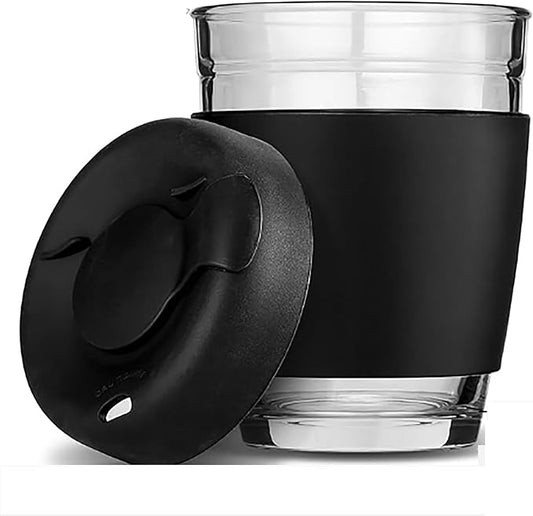12 oz Glass Coffee Cup with Lid and Sleeve, Black Travel Coffee Mug for Hot or Iced Drinks, Reusable Travel Tumbler for Home, Office, or On The Go, Leak Proof, BPA Free