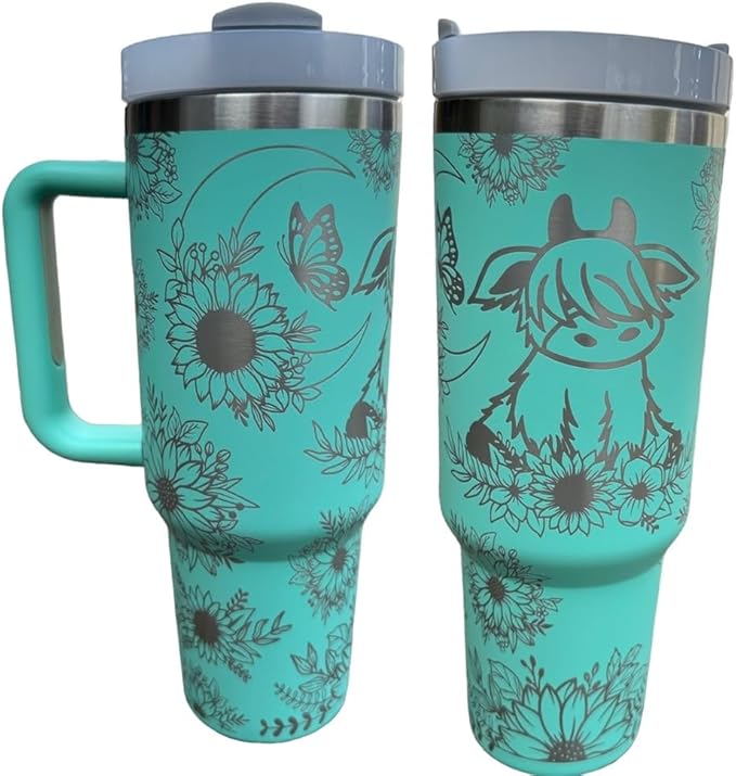 Tumbler, 40oz Tumbler, Western Tumbler, Engraved Cup with Handle, Cute Coffee Mug, 40oz Coffee Mug (Mint-Baby cow/Sunflower)