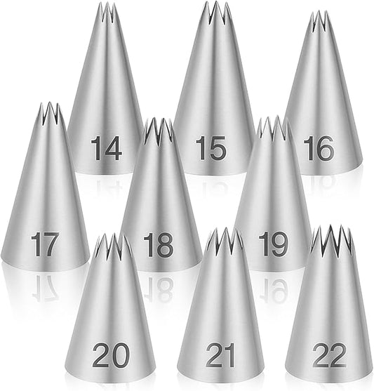 9 Pieces Open Star Piping Tips Set, French Star Tube Set, Stainless Steel Icing Tips, Star Pastry Tips, Frosting Nozzle Kit for Cake Decorating, Sizes 14-22