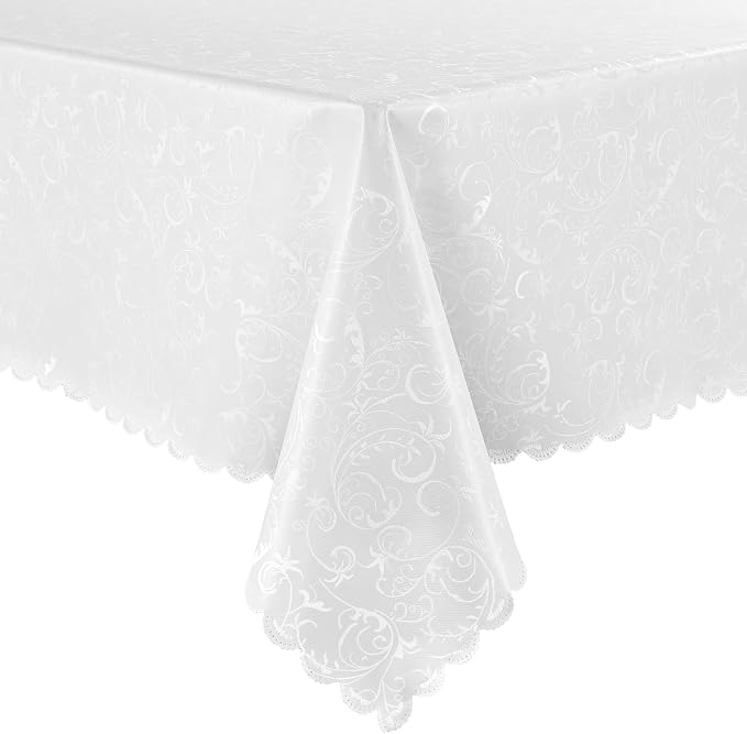 Smiry Rectangle Waterproof Heavy Duty Vinyl Tablecloths, 60 x 120 Inch | Wipeable Washable Floral Embossed Table Cover for Kitchen and Dining Room, Indoor & Outdoor Use, Pearl White by Smiry