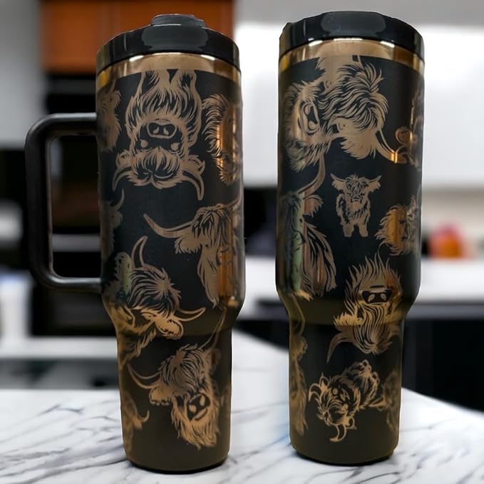 Tumbler, 40oz Tumbler, Western Tumbler, Engraved Cup with Handle, Cute Coffee Mug, 40oz Coffee Mug (Black r.Gold(16)-Cow(B1))