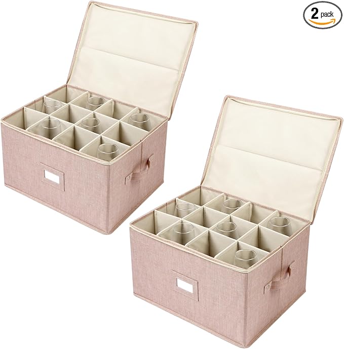 Wine Glass Storage Box, Stemware Storage Containers Cases with Dividers | Glassware Storage Containers Holds 24 Red or White Wine Glasses, Hard Top and Sides (2 Pack Beige) by popoly