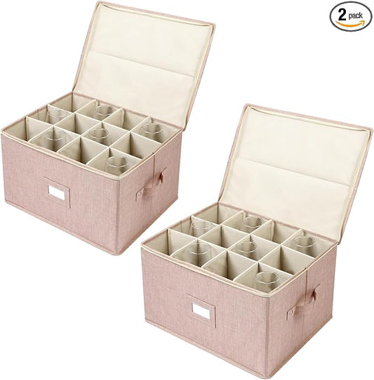 Wine Glass Storage Box, Stemware Storage Containers Cases with Dividers | Glassware Storage Containers Holds 24 Red or White Wine Glasses, Hard Top and Sides (2 Pack Beige) by popoly