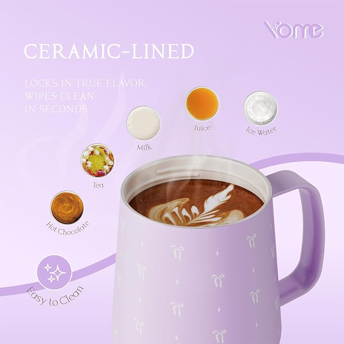 YOME 10oz Bow Light Purple Insulated Coffee Mug with Handle for Women | Ceramic Lined Coffee Mug with Splash-Resistant Lid| Pure Taste Stainless Steel Coffee Cup | Easy to Clean | Keeps Drinks Cold - Image 5