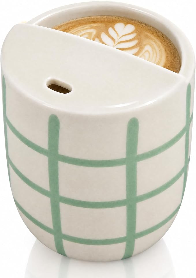 Ceramic Coffee Mug with Sip Hole 10 oz Novelty Checkered Coffee Cup Retro Hand Painted Ceramic Tea Travel Mug Cappuccino Latte Cup for Kitchen Dining Travel, Microwave & Dishwasher Safe by Ferrochef