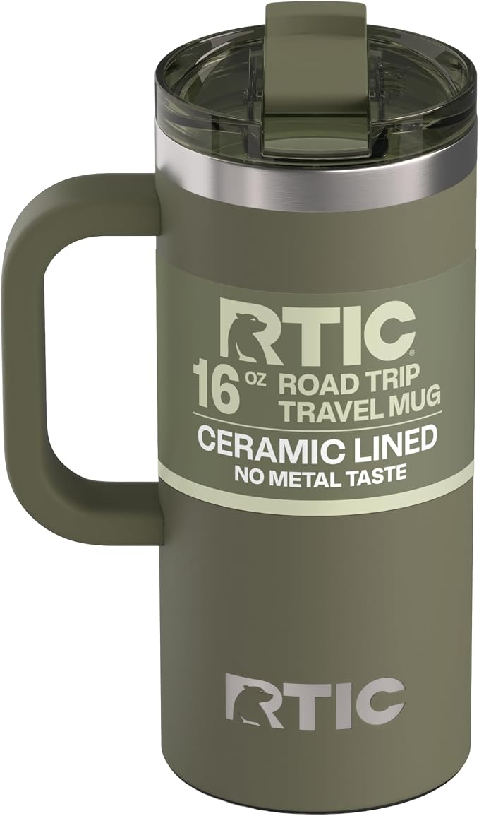 RTIC 16oz Road Trip Travel Mug with Lid and Handle, Ceramic Lined, Olive | Stainless Steel Metal, Insulated Travel Cup for Hot and Cold Drinks, Coffee, Car, Camping and Travel by RTIC