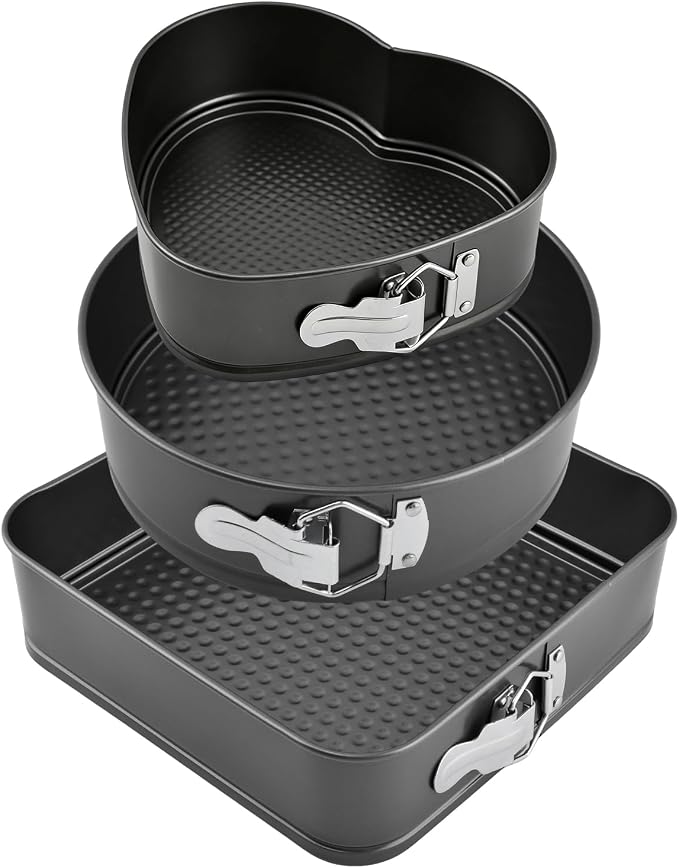 Set of 3 Springform Cake Tins Heavy Duty, Double Layer Non-Stick Coating, Removable Base, Heavy Duty Carbon Steel, Perfect for Frozen Desserts - Oven Safe Bakeware (Square Round Heart) - Image 2