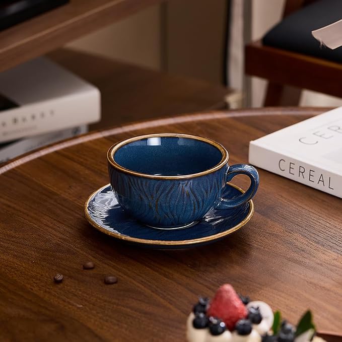 Coffeezone Vintage Design 12 oz Ceramic Latte Art Cappuccino Barista Cup with Saucer (Wave Blue) - Image 2