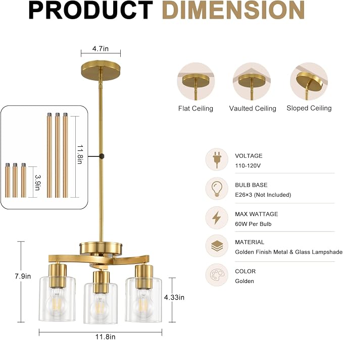 3 Light Brass Gold Dining Room Chandelier, Modern Industrial Pendant Light for Kitchen Island, Adjustable Height Hanging Ceiling Light Fixture with Clear Glass Shades,E26 Base,Dimmable - Image 3