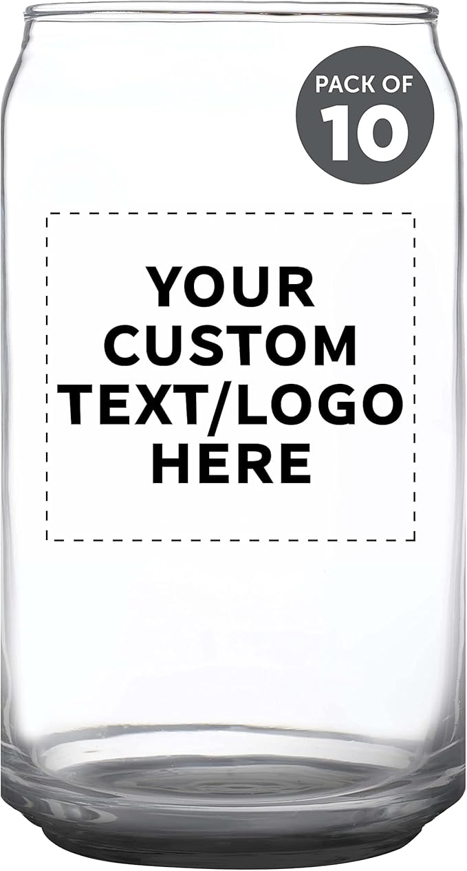 Custom Beer Can Glasses Set of 10, 16 oz. Pint Sized, Promotional Text, Logo, Soda Can Shape, Glassware, Black