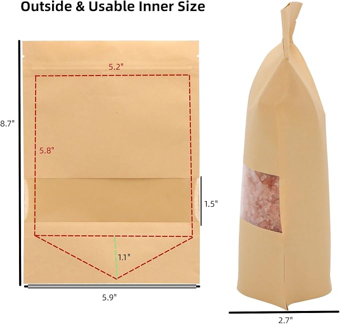 Tecbeauty 100pcs Kraft Paper Stand Up Pouches Zipper Lock Resealable Food Storage Bags with Window for Packing Cookies, Dog Treats (5.9 x 8.7inch) - Image 2