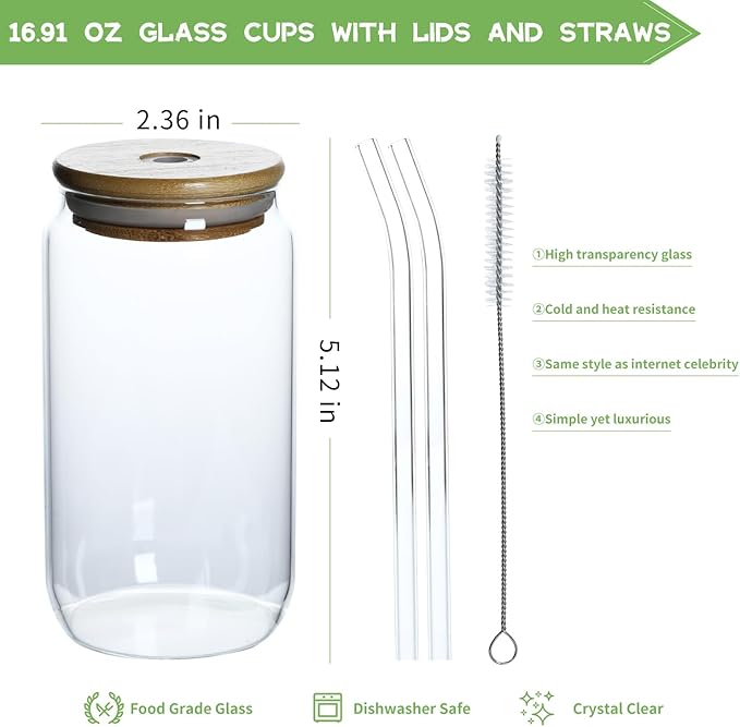 4-piece glass cup set, 16 ounces (approximately 453.6 grams), 4 glass cups with lids and straws - coffee cup, drinking, beer cup, cute tea, gift -4 cleaning brushes, 4 straws