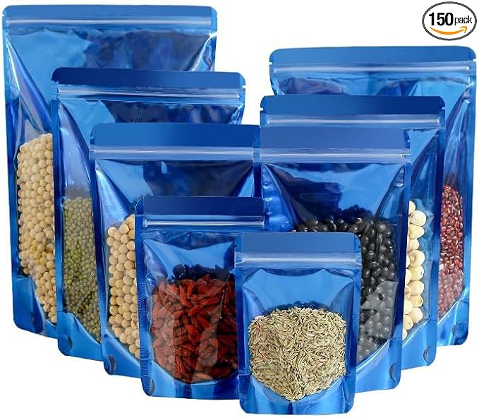 150 Pcs Mylar Bags for Food Storage, 5x8 Mylar Bag with Window Stand Up, Small Holographic Resealable Bags Smell Proof Bag Food Packaging for Small Business Freeze Dried Candy Jewelry Foil Packaging by Circloophs