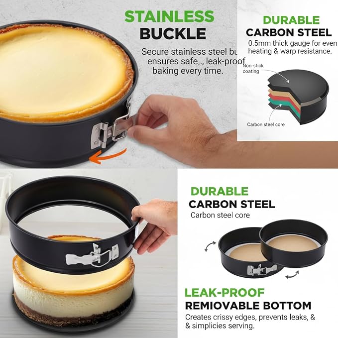 Nutrichef 3-Piece Nonstick Springform Pan Set - Premium Carbon Steel Cheesecake Pans with Stainless Steel Clasp - 6", 8", 10" Sizes, Oven Safe up to 450°F - Includes 300pcs Parchment Paper (Black) - Image 4