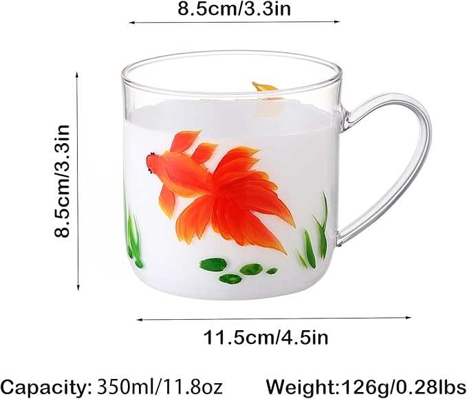 12oz/350ml Hand Painted Glass Cups With Handle,Clear Glass Coffee Cups,Coffee Glasses For Hot Beverages,Clear Mugs (Gold Fish)