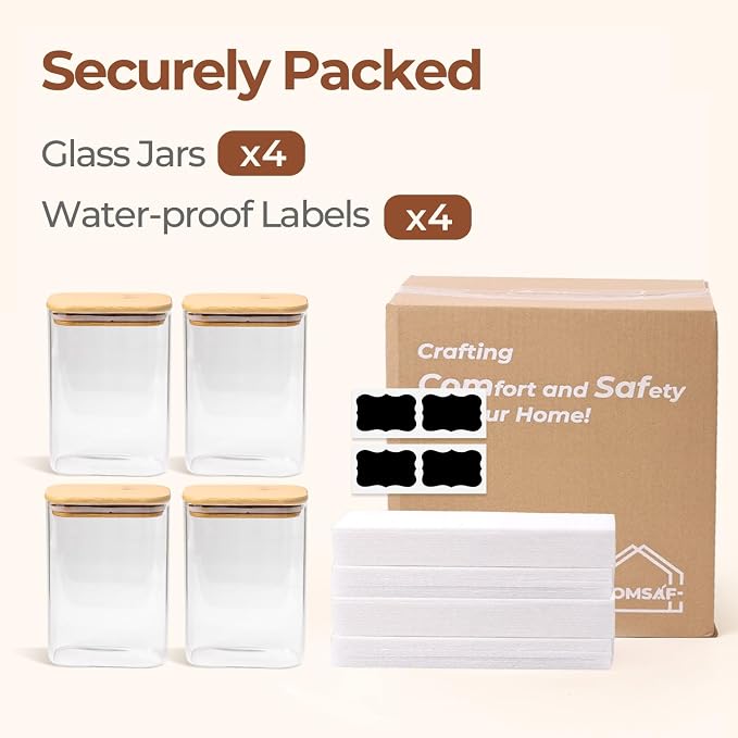 ComSaf Glass Storage Containers wtih Lids 1.2 Qt, Set of 4 Food Storage Jar | Glass Pantry Storage Containers, Rectangle Kitchen Canisters, Bamboo Lid with Silicone Seal, Cereal, Flour, 37oz, BPA Free - Image 8
