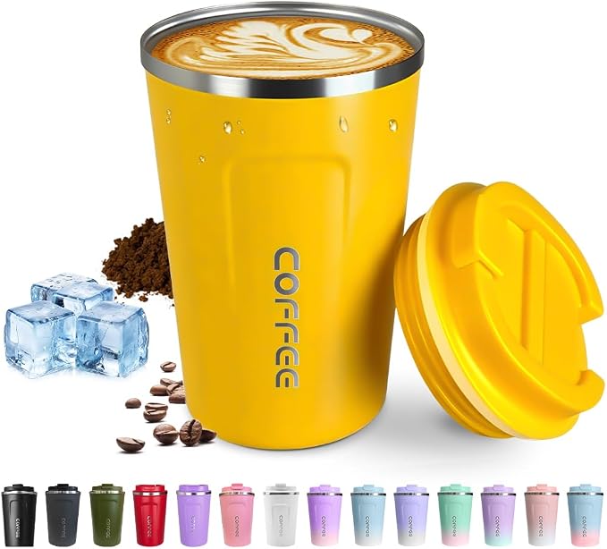 SPLMIFA Travel coffee mugs leak-proof, reusable coffee cup with lid, stainless steel vacuum insulated coffee tumblers, thermal insulation cups for men & women keep drinks hot & cold (2nd-Yellow, 12OZ) by SPLMIFA
