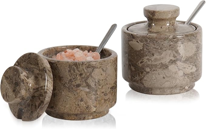 MARBLOUS KRAFTS Marble Salt Cellar 3" Inch Oceanic Flaky Salt Holder for Countertop, Set of 2 Spice Boxes, Brown Sugar Keeper, and Sugar Jar with Lid & Spoon, Perfect for Kitchen Storage by MarblousKrafts