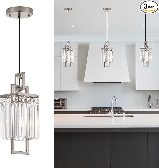 Modern Brushed Nickel Pendant Light Fixture for Kitchen Island and Dining Room, Industrial Small Hanging Crystal Chandelier Light Fixture for Bedroom Entryway Living room Foyer Hallway 3-Pack by Lighceac-ProfessionalLightingFixturesManufacturer