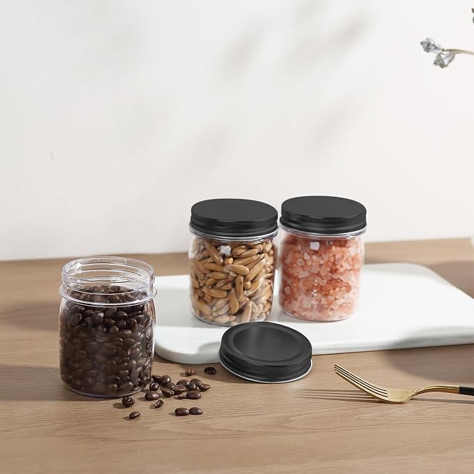 novelinks 8 oz Plastic Mason Jars and Clear Plastic Jars with Lids 8 oz | 16 Pack, Black, Plastic Containers with Lids, Small Mason Jars, Clear Jars Bulk, Spice Jars, Slime Jars, Mini Jars - Image 6