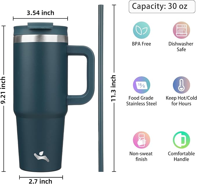 Konokyo 30 oz Insulated Tumbler Water Bottle with Handle, Straw Lid | BPA-free and dishwasher safe; made for gym, travel, coffee and gifting, 2 straws, cup holder friendly,Navy blue - Image 4