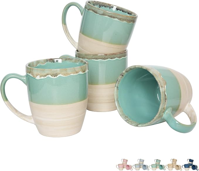 Bosmarlin Ceramic Coffee Mug Set of 4, 17 Oz, 5 Colors to Choose, Tea Cups, Dishwasher and Microwave Safe, Reactive Glaze (Green) by Bosmarlin