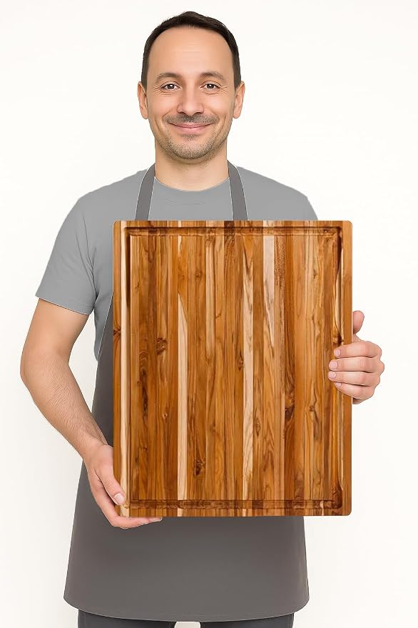 Teakhaus Carving Board and EON Cutting Board Oil Set - Extra Large (XL) Teak Wood Cutting Board with Juice Groove & Food-Grade Mineral Oil - 24”L x 18”W x 1.5” Thick - FSC Certified - Image 6