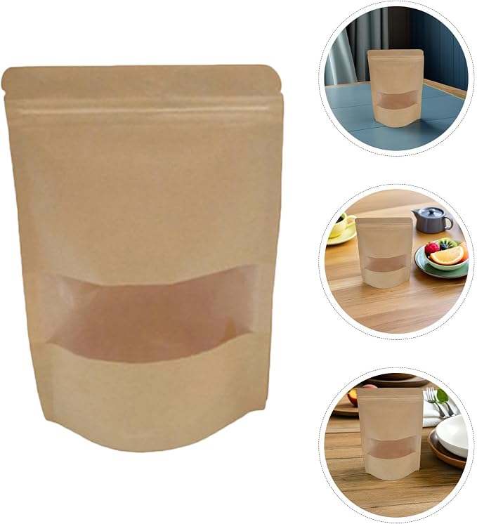 50pcs Kraft Paper Bags with Window, Resealable Stand-up Storage Bags, Food Safe Kraft Paper Packaging for Travel Items, Tea, and Pantry Organizing - Image 8