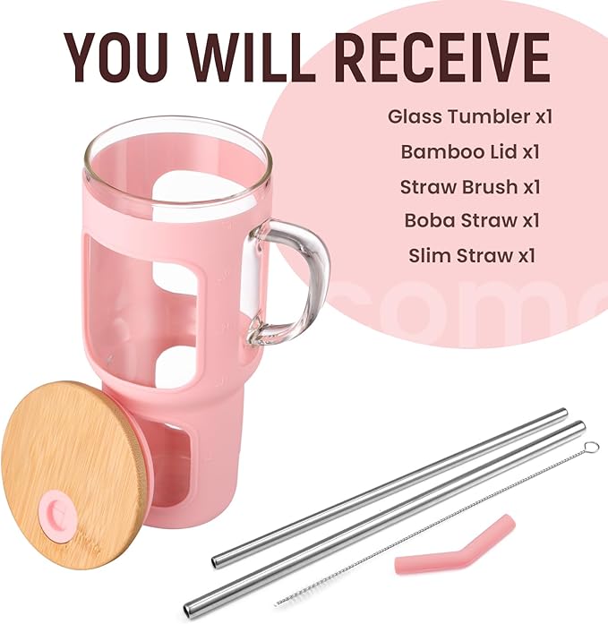 COMOOO 40oz Glass Tumbler with Bamboo Lid and Straw, Glass Water Cup with Handle, Iced Coffee Drinking Cup with Silicone Sleeve, Glass Water Bottle Dishwasher Safe, Cup Holder Friendly, Pink
