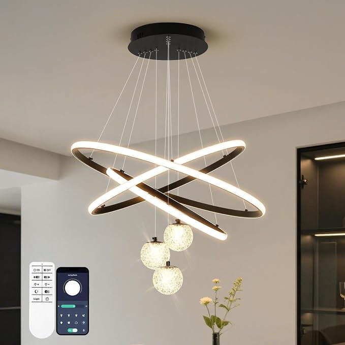 ORANOOR LED Modern 3 Ring Chandelier, 24inch Dimmable Kitchen Pendant Light | Black Dining Room Light Fixtures Ceiling Hanging Over Table, Globe Round Chandeliers for Dining Room Living Room Bedroom by ORANOOR