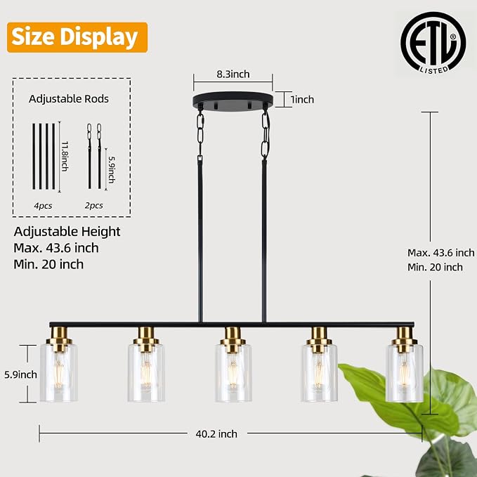 Dining Room Light Fixture,5-Light Farmhouse Linear Chandeliers for Dining Room Over Table，Matte Black and Gold Finish Kitchen Island Pendant Lighting for Kitchen Island，Pool Table Light - Image 4