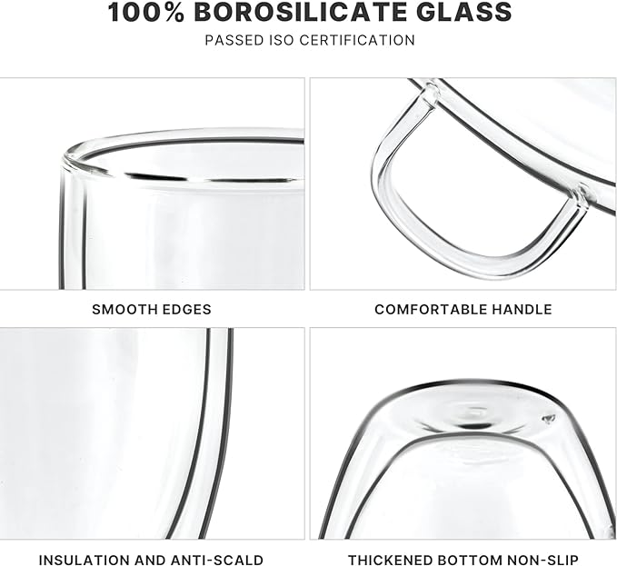 YUNCANG Double Wall Coffee Mugs, (4-Pcak) 16 Ounces-Clear Glass Cups with Handle,lnsulated,Cappuccino,Tea,Latte Cups,Beverage Glasses Heat Resistant - Image 3