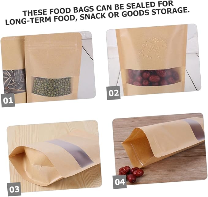 Ciieeo 50pcs Kraft Paper Bags Window Sealable Stand-up Storage Bags Safe Food Packaging for Nuts Cookies Candy Dried Fruit - Image 2