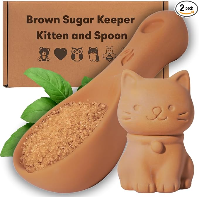 Sifri 3D Brown Sugar Keeper 2-in-1 Set – Terracotta Clay Cat & Spoon Saver Softener – Cute Kitchen Storage & Freshness Holder for Sugar – Gift for Bakers (1, Cat and Spoon) by SifriArt