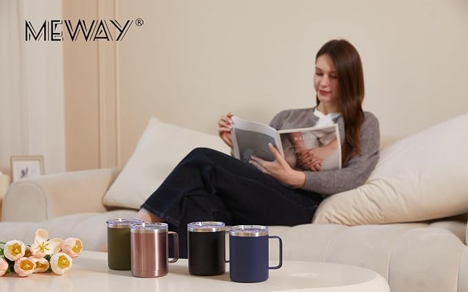 MEWAY 12oz Coffee Mug With Handle 2 Pack Bulk,Stainless Steel Insulated Travel Tumblers With Sliding Lid,Double Wall Vacuum Camping Cup for Hot & Cold Drinks Tea (Cold Grey,Set of 2) - Image 8
