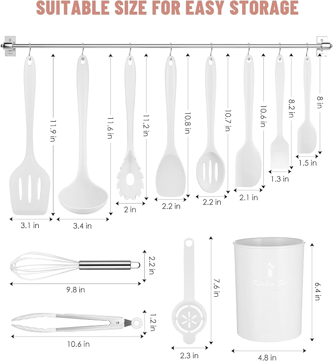 White Kitchen Utensils Set-12 Pieces Silicone Cooking Utensils Set | Dishwasher Safe 392°F Heat Resistant Spatula Set Kitchen Utensil Set for Nonstick Cookware,Best Kitchen Tools with Holder - Image 2