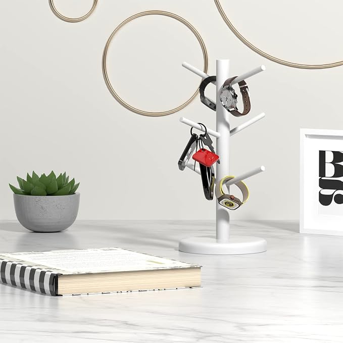 Dorhors Mug Holder Tree,Coffee Cup Holder,Mug Rack Stand Hook,Bar Organizer | White Wood Coffee Station Accessories 6 Hook,Coffee Shelf Decor for Kitchen Countertop,Counter Storage Display Mug,Cup - Image 4