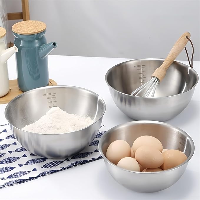 3 Pcs Stainless Steel Mixing Bowls Set with Scale for Cooking and Baking, Stackable and Dishwasher Safe, Featuring Clear Measurement Lines