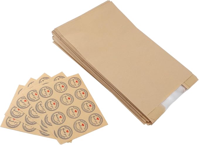 Yosoo 50PCS Bread Bags with Transparent Window Kraft Paper Baked Food Packaging Storage Bags for Homemade Bread Pastry Snacks with 60PCS Sealable Labels (Yellow) by Yosoo