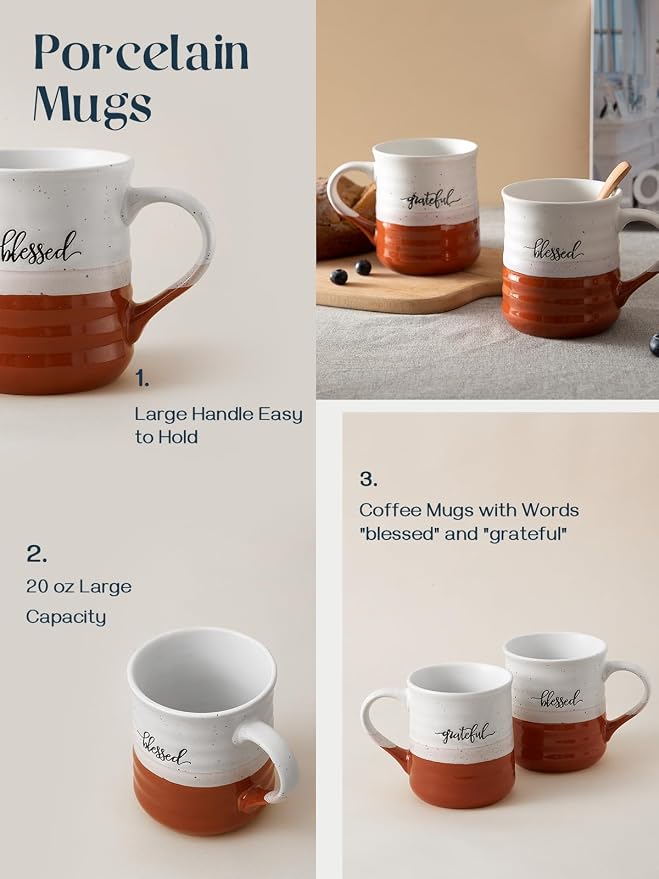 DOWAN 18 oz Large Coffee Mugs, Ceramic Mug Set with Word Blessed Grateful, Big Tea Cup for Office & Home, Thank You Gift for Women Men Mom Dad Christian, 2 Pcs - Image 6